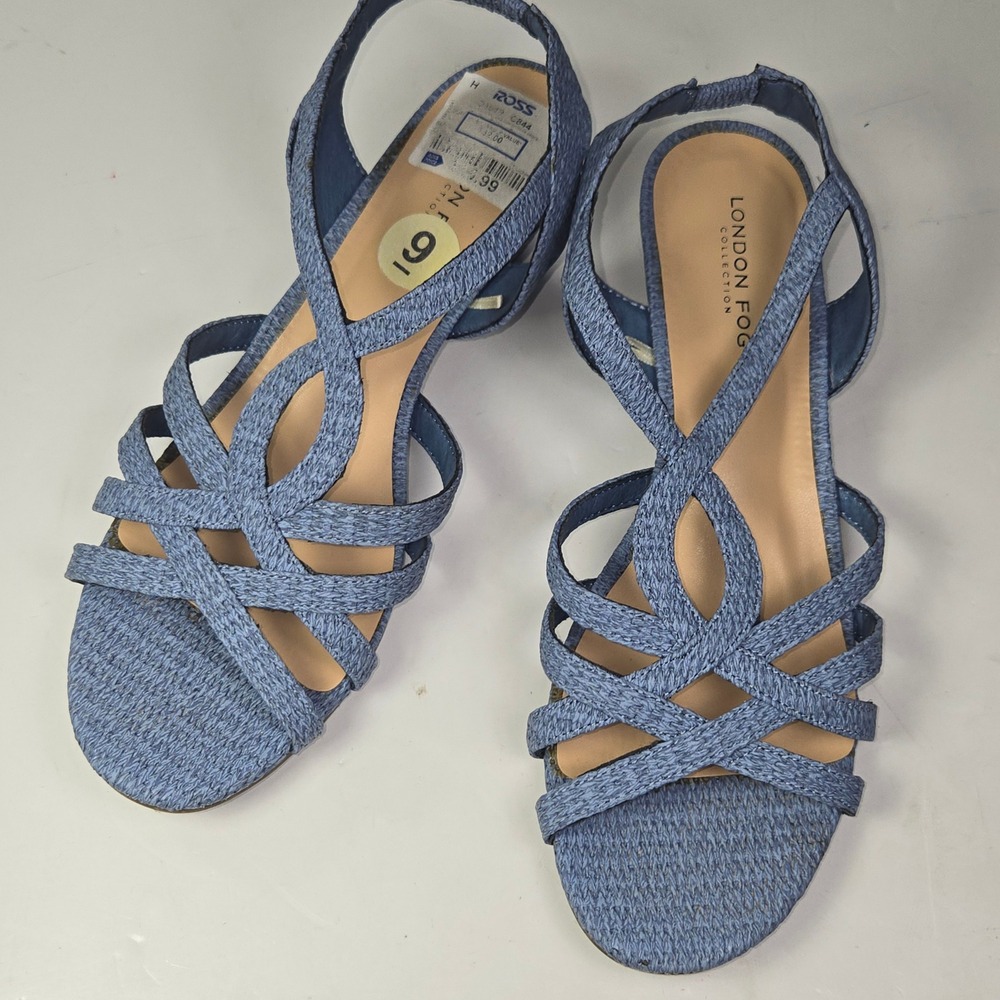 London Fog‎ Carmela Collection Women's Blue Woven Wedge Sandals Size 9